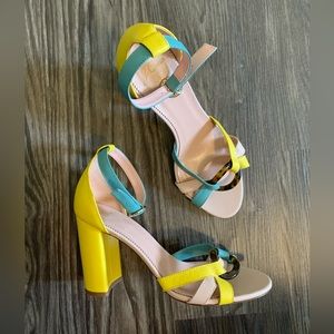 J. CREW Sz 8.5 Stella Heels in Colorblock Leather with Tortoise Buckle